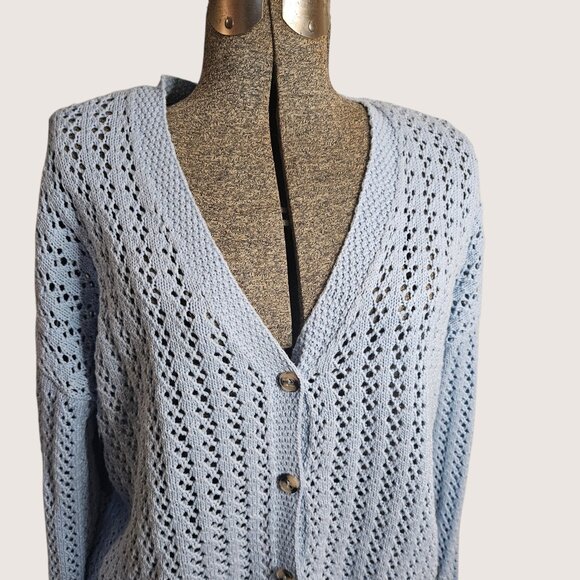 Blue Long Sleeve Crocheted Cardigan - Picture 2 of 8